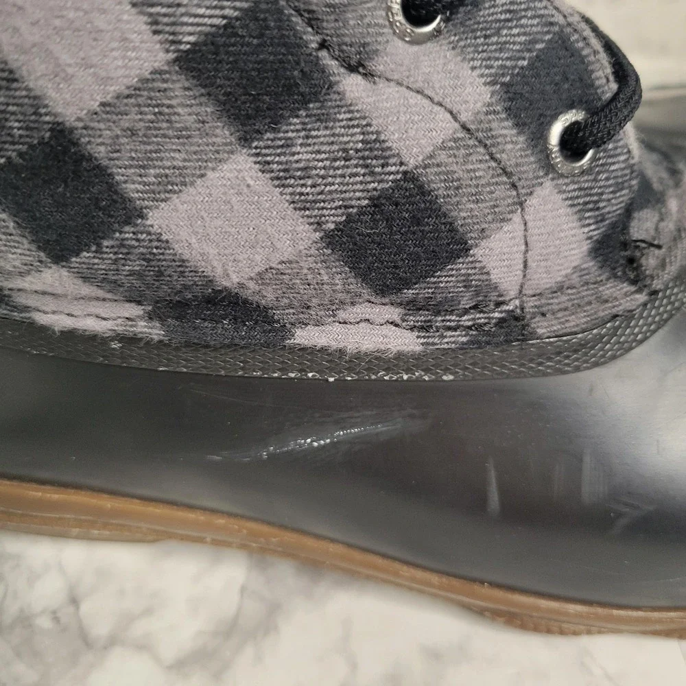 Sperry Saltwater Duck Boots Womens Black Grey Buffalo Plaid‎ Flannel